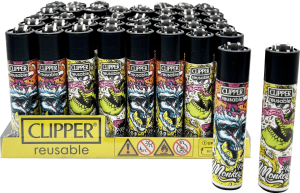 Bandeja de 48 mecheros Clipper con diseño Monkey Skulls y gas isobutano pre-cargado