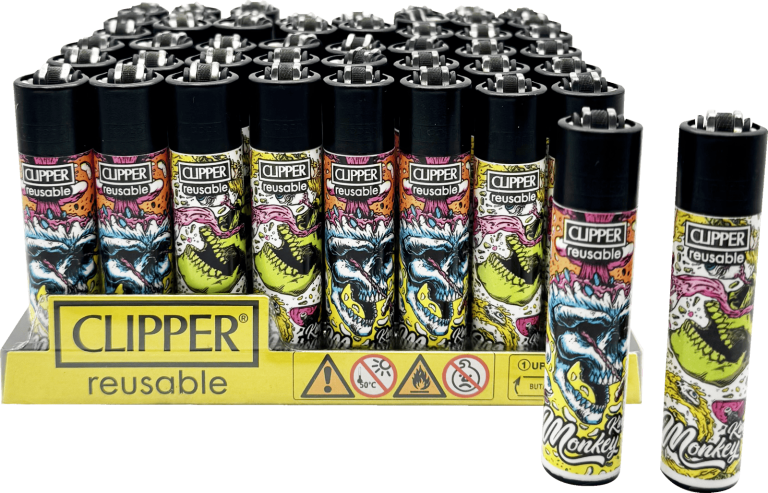 Bandeja de 48 mecheros Clipper con diseño Monkey Skulls y gas isobutano pre-cargado