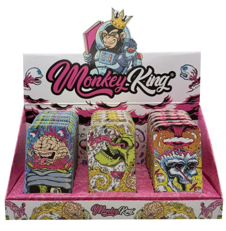 Display de 18 cajas metálicas de bolsillo Monkey King Monkey Tin Box Skull con diseño Skull