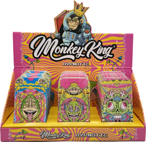 Display de 18 cajas metálicas de bolsillo Monkey King Monkey Tin Box Fluor con diseño fluorescente