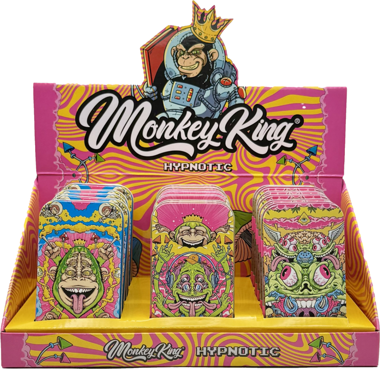 Display de 18 cajas metálicas de bolsillo Monkey King Monkey Tin Box Fluor con diseño fluorescente