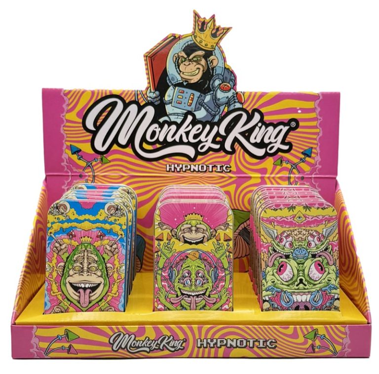 Display de 18 cajas metálicas de bolsillo Monkey King Monkey Tin Box Fluor con diseño fluorescente