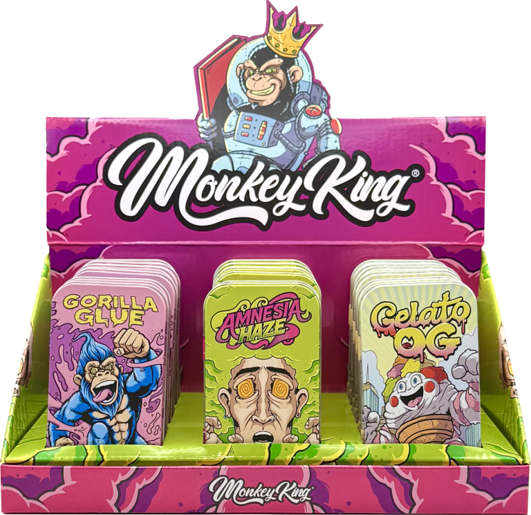 Display de 18 cajas metálicas de bolsillo Monkey King Tin Box Genetics para Clubes Sociales de Cannabis