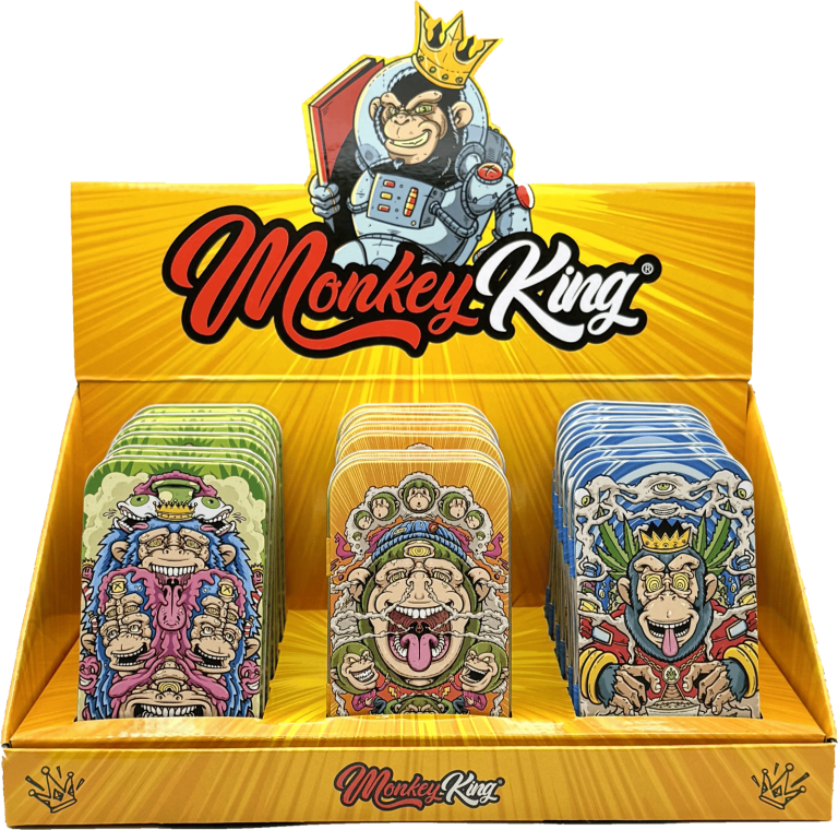 Display de 18 cajas metálicas de bolsillo Monkey King Monkey Tin Box Psyco con estampado de hojalata