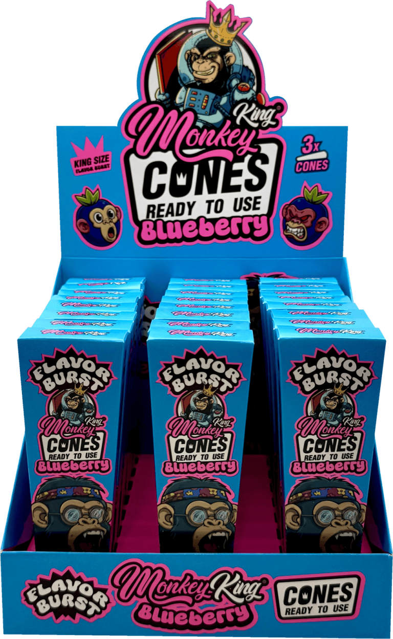 Display de 24 estuches de conos Monkey King Flavor Burst King Size arandano, 3 conos por estuche