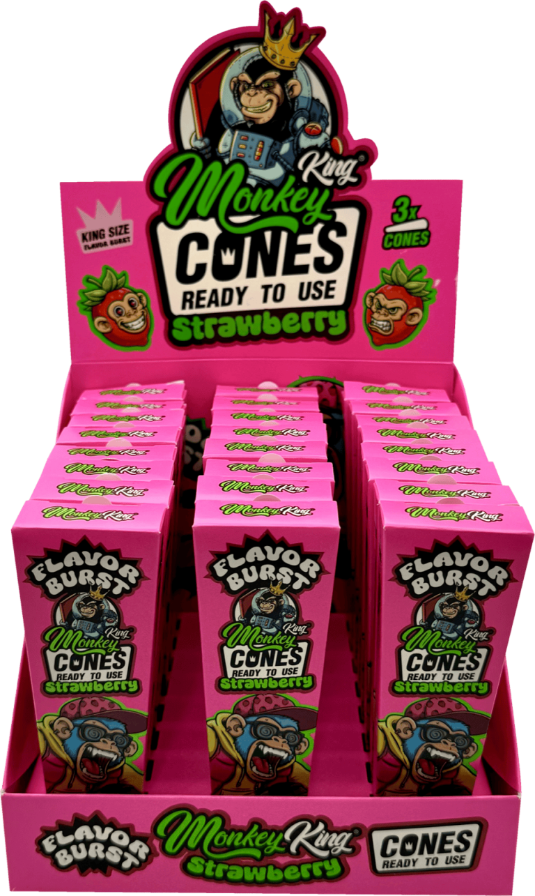 Display de 24 estuches Monkey King Cones Flavor Burst King Size fresa, 3 conos por estuche