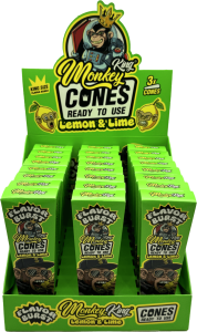 Display de conos preliados Monkey King, tamaño King Size, sabor lima-limón, packs de 3 listos para usar