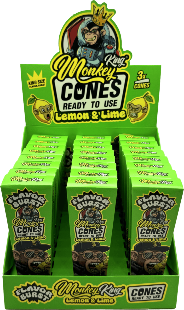 Display de conos preliados Monkey King, tamaño King Size, sabor lima-limón, packs de 3 listos para usar