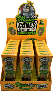Display de conos preliados Monkey King, tamaño King Size, sabor piña, packs de 3 listos para usar