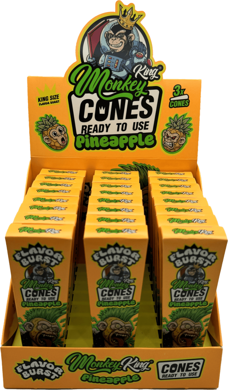 Display de conos preliados Monkey King, tamaño King Size, sabor piña, packs de 3 listos para usar