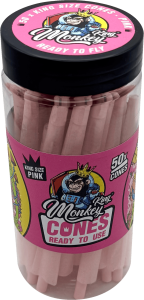 Bote de 50 conos Monkey King Monkey Cones Pink King Size pre-enrollados con boquilla