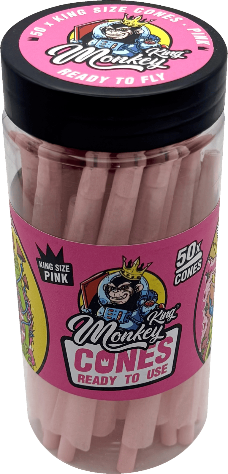 Bote de 50 conos Monkey King Monkey Cones Pink King Size pre-enrollados con boquilla