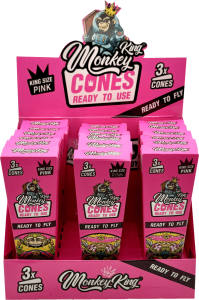 Display de 18 estuches Monkey King Monkey Cones Pink King Size, 3 conos por estuche