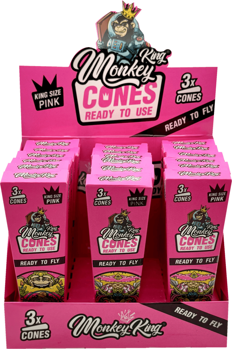 Display de 18 estuches Monkey King Monkey Cones Pink King Size, 3 conos por estuche