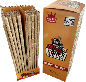 Caja a granel de 1000 conos Monkey King Unbleached King Size pre-enrollados de papel sin blanquear