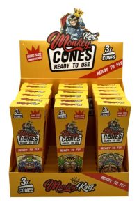 Display de 18 estuches Monkey King Cones Unbleached King Size con 3 conos por estuche
