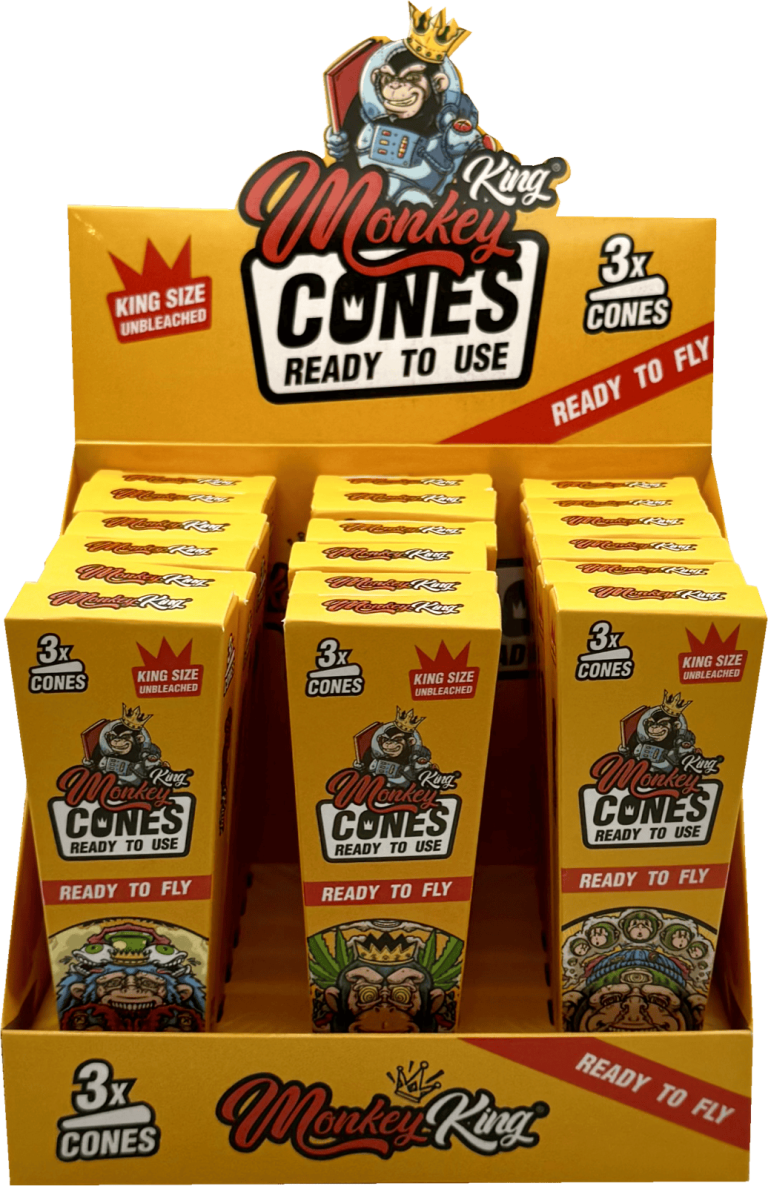 Display de 18 estuches de conos Monkey King Monkey Cones Unbleached King Size, 3 conos por estuche