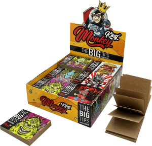 Display de 25 libritos de filtros de cartón Monkey King Big Tips anchos unbleached perforados