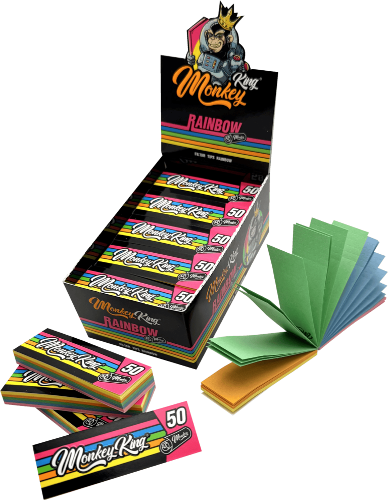 Display de 30 libritos de filtros de cartón Monkey King Monkey Filter Regular Rainbow, 50 filtros c/u