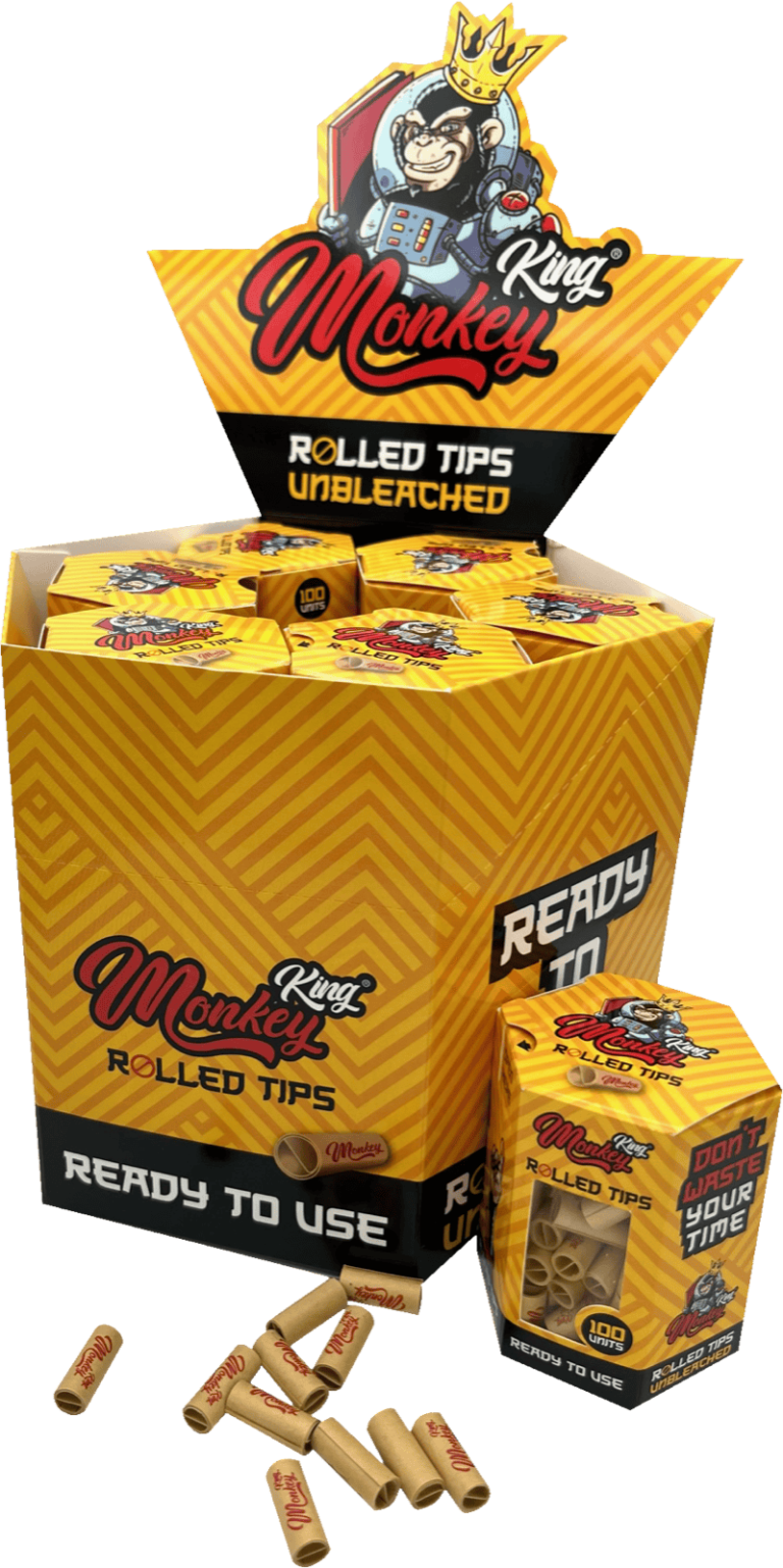 Display de 14 cajitas de filtros de cartón pre-enrollados Monkey King Monkey Rolled Tips, 100 unidades c/u