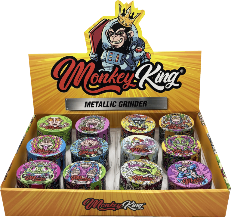 Display de 12 grinders Monkey King metálicos surtidos, mecanizados CNC