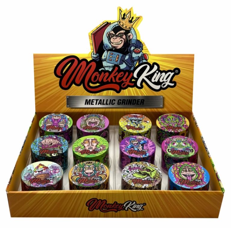 Display de 12 grinders metálicos Monkey King Monkey Grinder Metallic en acabado metálico surtido