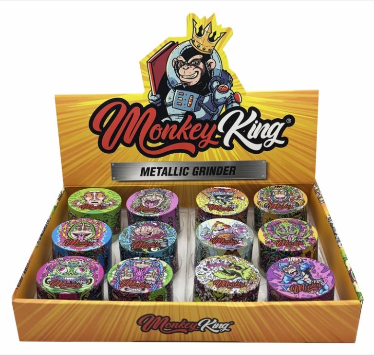 Display de 12 grinders metálicos Monkey King Monkey Grinder Metallic en acabado metálico surtido (vista 2)