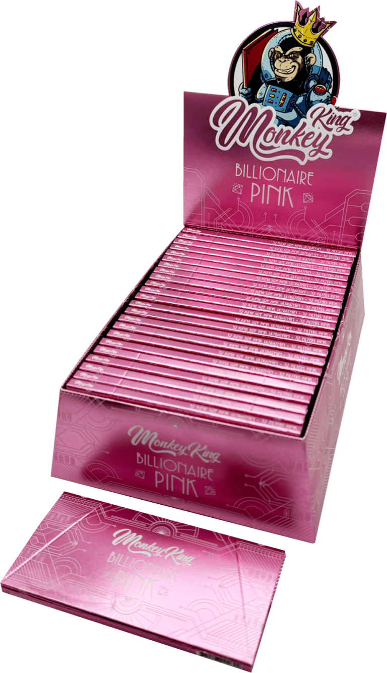 Caja expositora de 24 librillos Monkey King Billionaire Pink King Size Slim con filtros