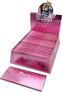 Caja expositora de 24 librillos Monkey King Billionaire Pink XL con papel de arroz ultrafino sin blanquear