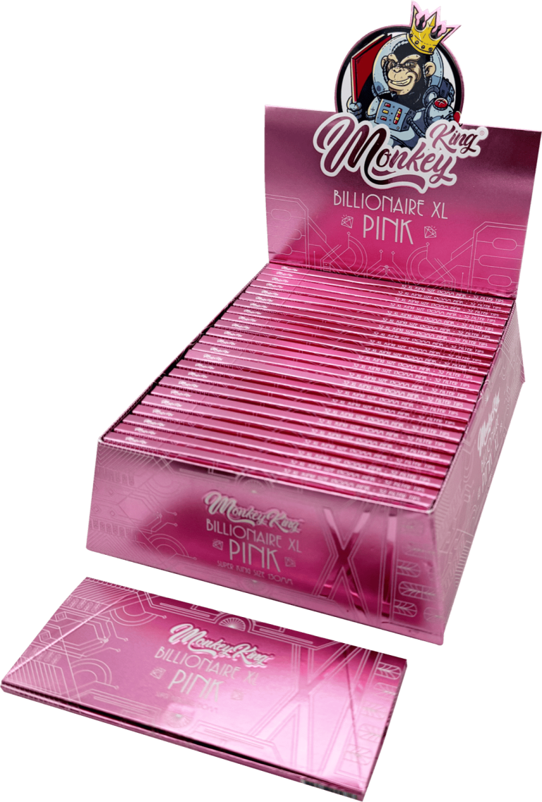 Caja expositora de 24 librillos Monkey King Billionaire Pink XL con papel de arroz ultrafino sin blanquear