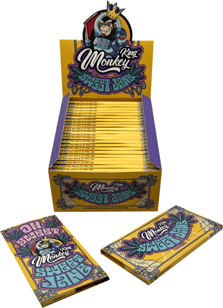 Display de 24 libritos de papel Monkey King Monkey Pack King Size Slim con diseño, 32 hojas y tips por librito