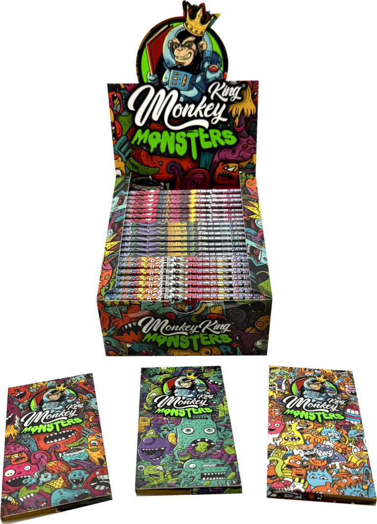 Display de 24 libritos Monkey King Monkey Pack magnético King Size Slim Monsters + Tips de papel de arroz unbleached
