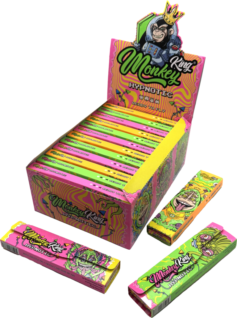 Display de 24 libritos Monkey King Papel Monkey Pack Rainbow King Size Slim Hypnotic + Tips de arroz sin blanquear