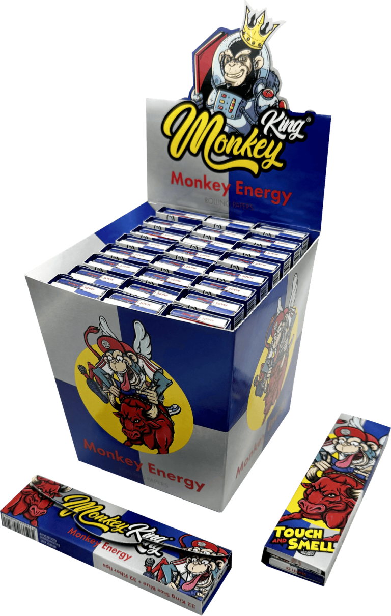 Display de 24 libritos Monkey King Monkey Pack Smell King Size Slim con tips y aroma a energy drink