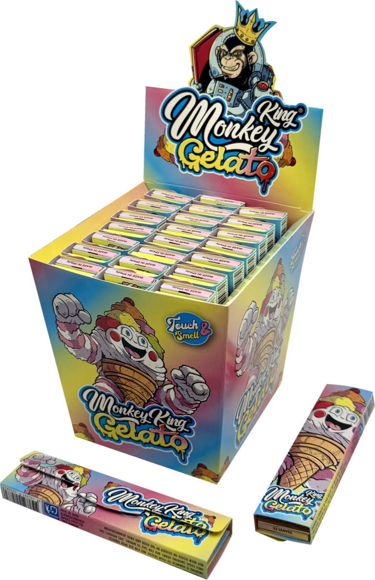 Display de 24 libritos Monkey King Paper Pack Smell King Size Slim Gelato con tips, papel de arroz aromatizado