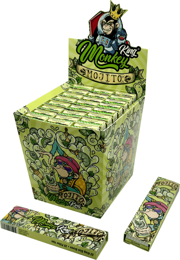 Display de 24 libritos Monkey King Paper Monkey Pack Smell King Size Slim (Mojito) + Tips, papel arroz aromatizado
