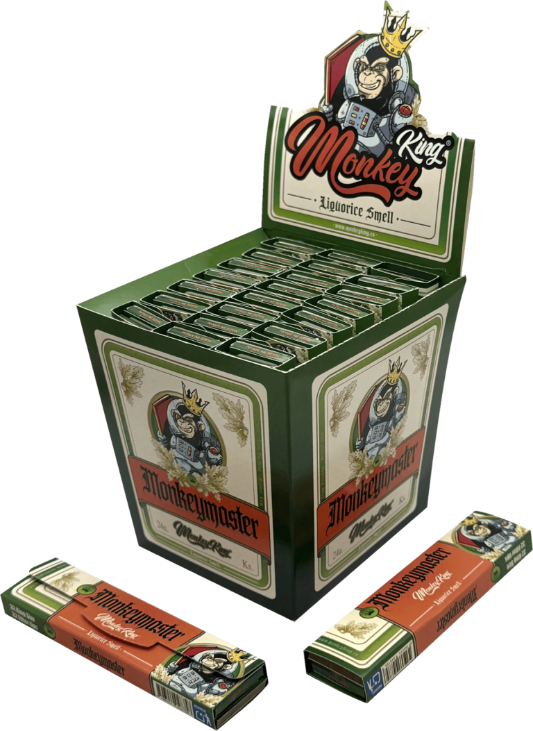 Display de 24 libritos Monkey King Paper Monkey Pack Smell King Size Slim con aroma a regaliz y tips