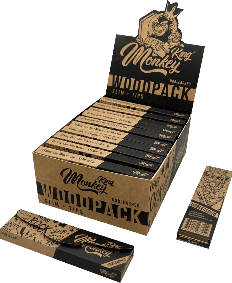 Display de 24 libritos Monkey King Monkey Pack Wood King Size Slim unbleached + tips, con acabado imitación madera