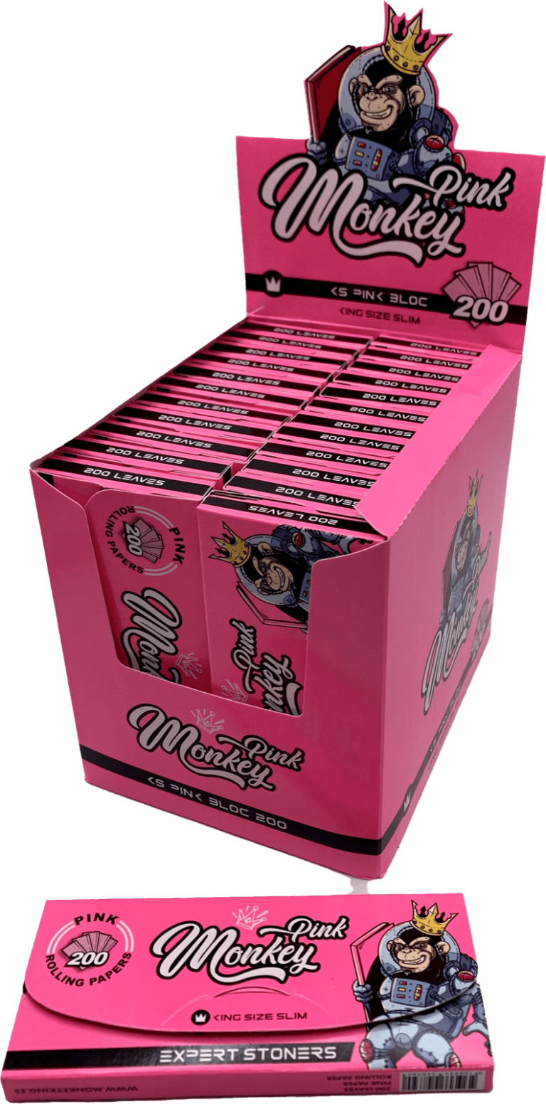 Display de 50 libritos de papel Monkey King Pink King Size Slim de arroz teñido vegetal
