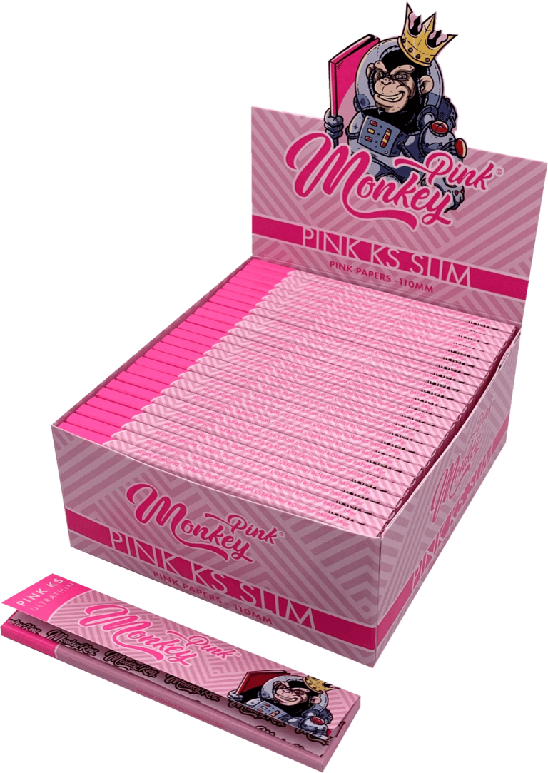 Display de 50 libritos de papel Monkey King Pink King Size Slim de arroz teñido vegetal (vista 2)