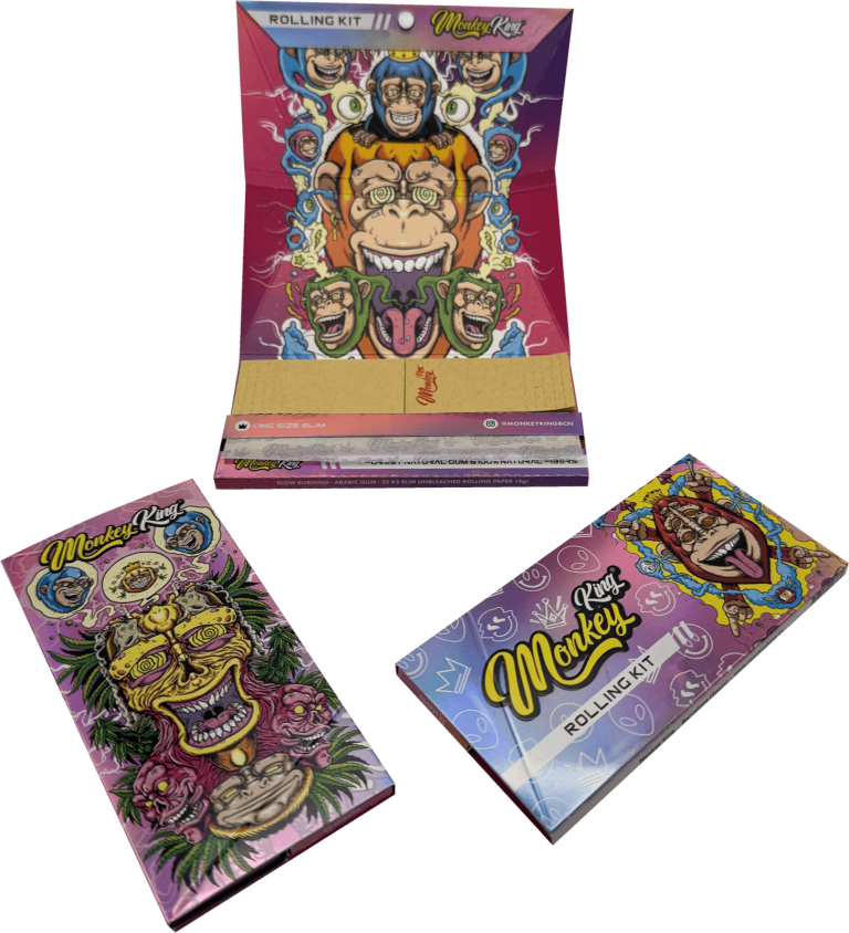 Display de 24 libritos Monkey King Rolling Kit magnético King Size Slim Trymix + Tips, 32 hojas y 32 filtros