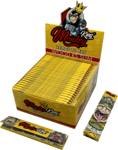 Display de 50 libritos de papel Monkey King Unbleached King Size Slim de arroz sin blanquear