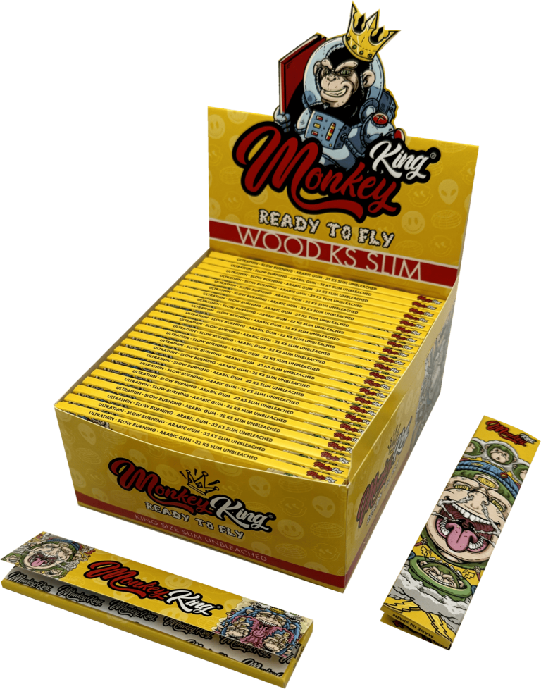 Display de 50 libritos de papel Monkey King Unbleached King Size Slim de arroz sin blanquear