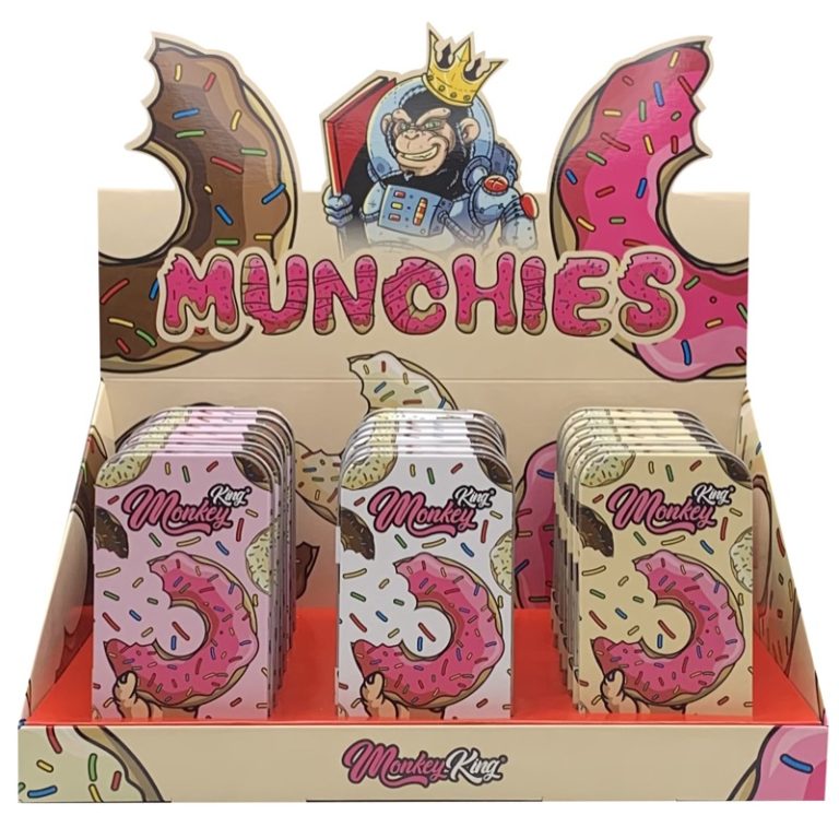 Display de 18 cajas metálicas de bolsillo Munchies Tin Box con diseño Munchies