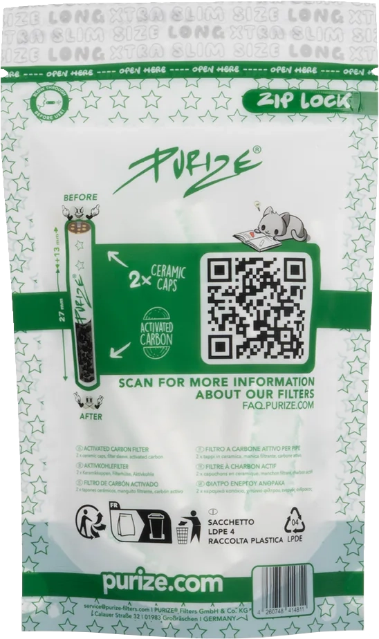 Bolsa resellable de 50 filtros Purize XTRA Slim Size Long White de carbón activo (vista 2)